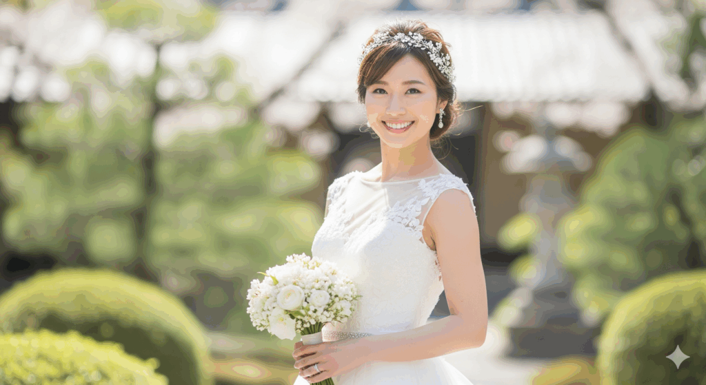 結婚式まで1ヶ月ダイエットを乗り越え、自信を持って当日を迎えた花嫁の笑顔のイメージ。
