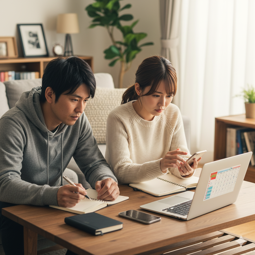 両家顔合わせの日程をカレンダーアプリで調整するカップルの様子
