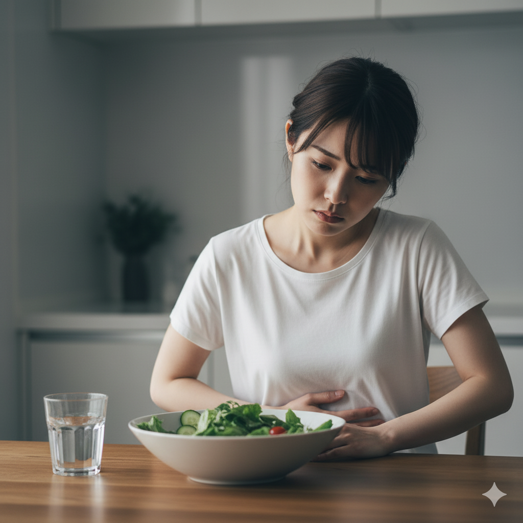 結婚式へのダイエットの後悔 につながる過度な食事制限で体調を崩し、疲れた表情をしている花嫁