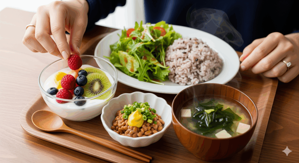 結婚式まで1ヶ月ダイエットの2週目に取り入れる腸活メニュー（ヨーグルトや納豆など）で体の内側から整えるイメージ。
