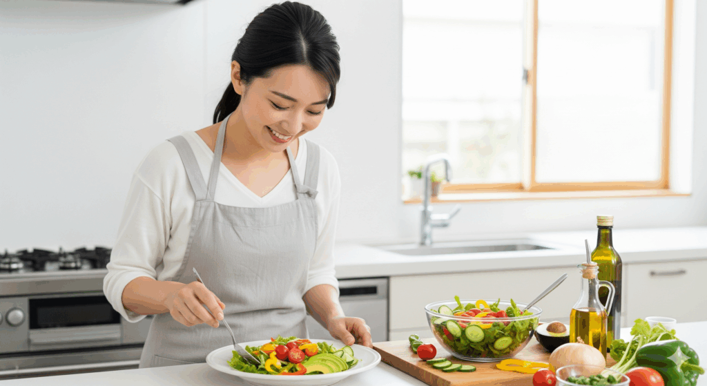 ブライダルで痩せるために栄養バランスの取れた食事を準備している花嫁の様子
