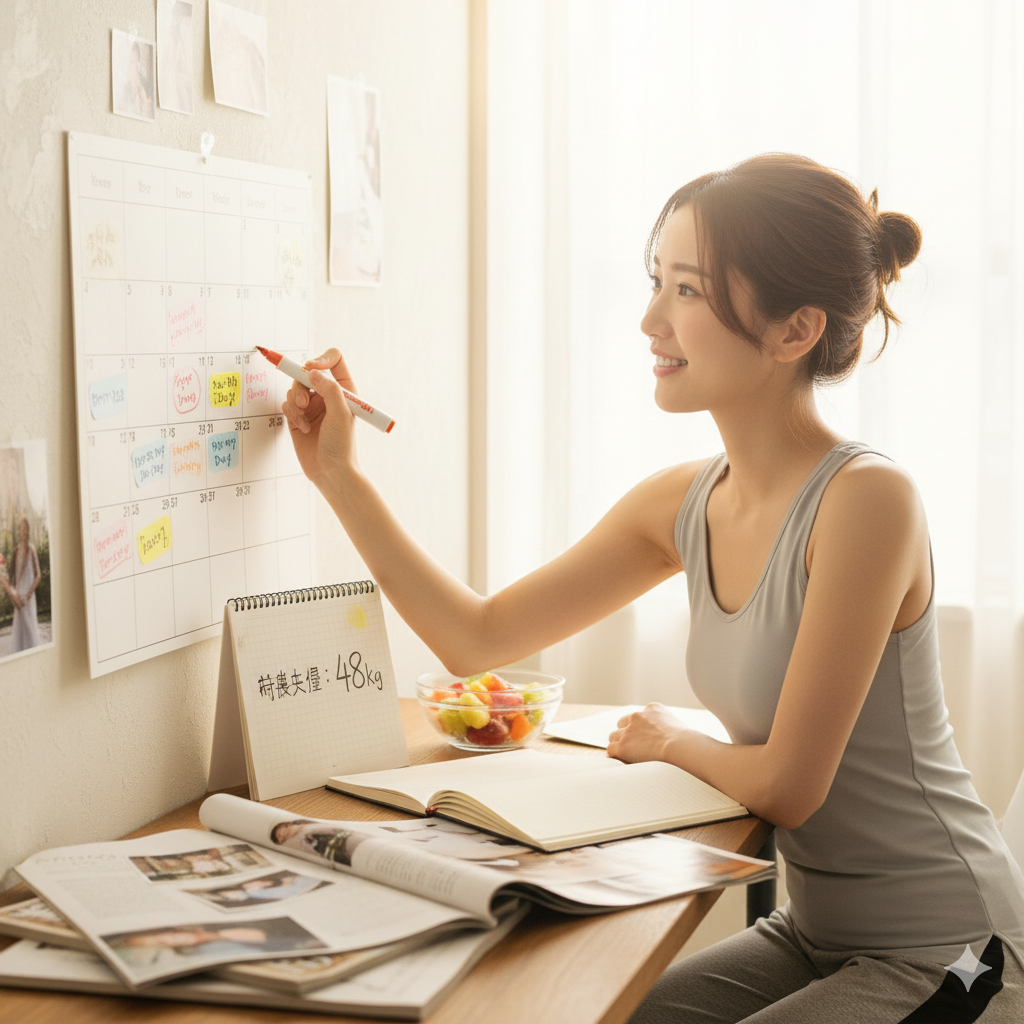 結婚式に向けてダイエット計画をノートに書き込む花嫁