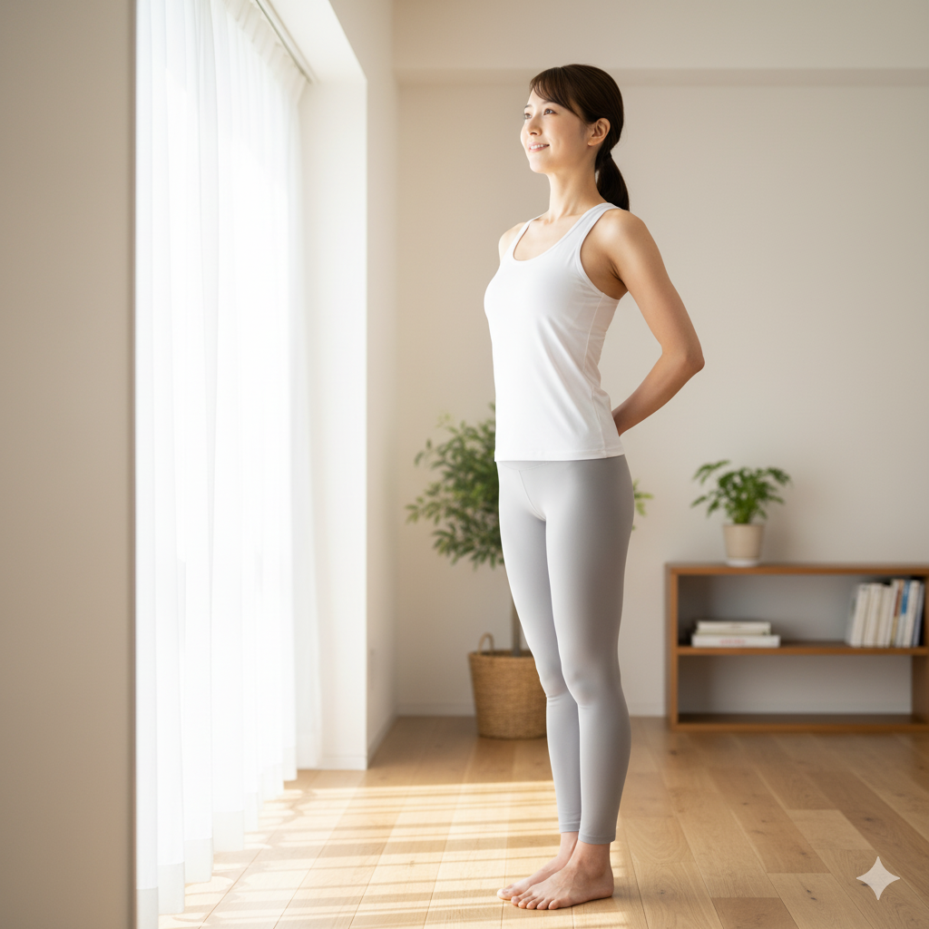 結婚式のためのダイエットに間に合わないと悩む花嫁が、猫背を直し姿勢を意識して背筋を伸ばしている様子
