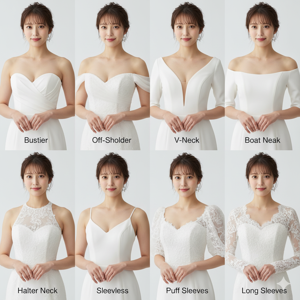 ウェディングドレスのネックライン（ビスチェ、オフショルダー、Vネック、ボートネック、ホルターネック）とスリーブ（ノースリーブ、パフスリーブ、ロングスリーブ）の比較イメージ
