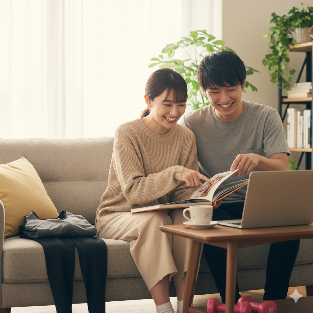 撮影後にアルバムを確認しながら笑顔で写真を選ぶ花嫁と新郎のシーン
