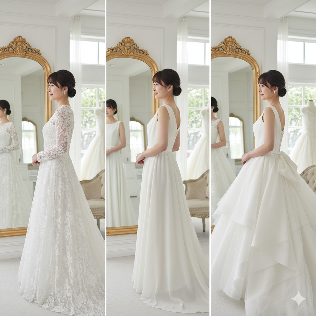 二の腕・お腹・ヒップをカバーできるデザインのウェディングドレスを試着する花嫁の写真イメージ
