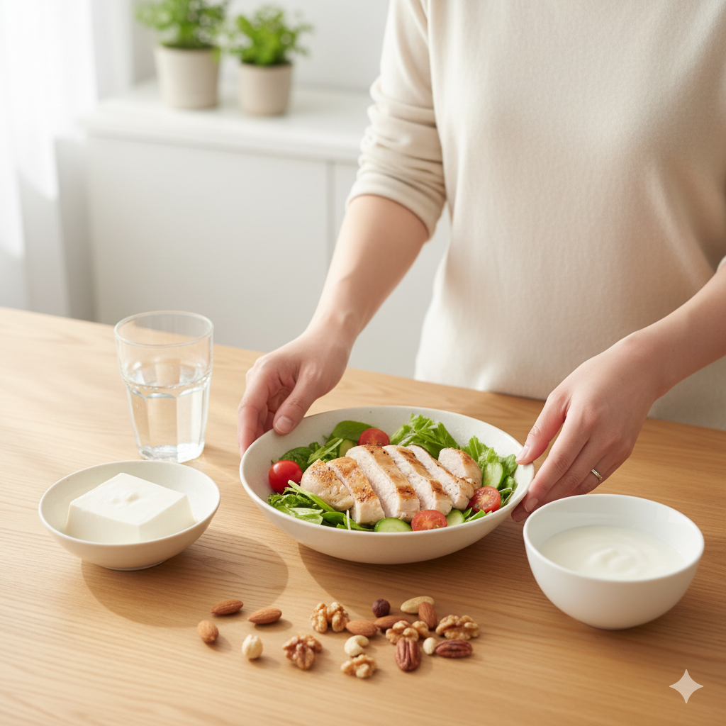 結婚式に向けて二の腕を痩せたい花嫁のために、高たんぱく・低脂質の食事やナッツ、ヨーグルトを取り入れた健康的な食事例