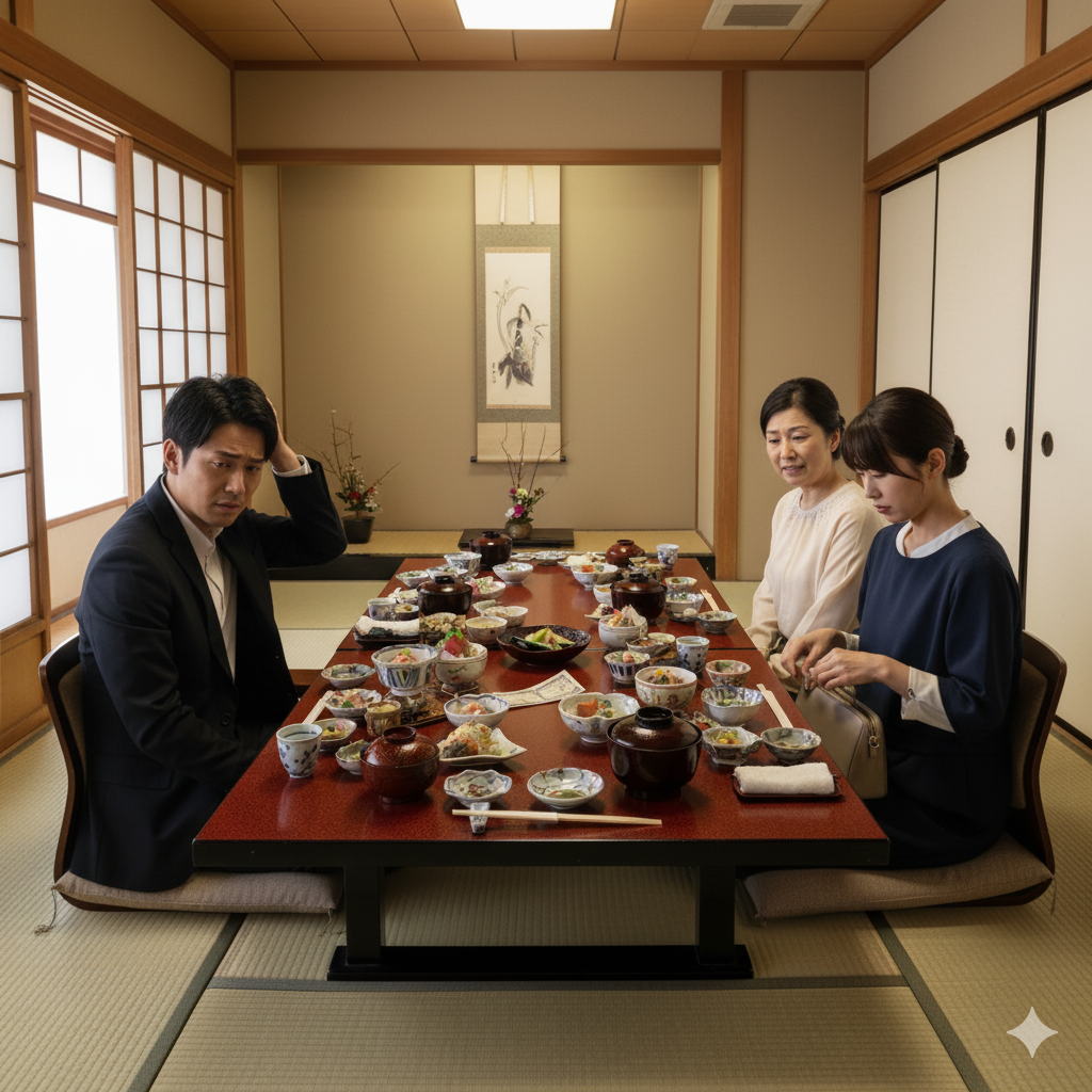 両家顔合わせの会計で支払いに悩むカップルと両親の様子
