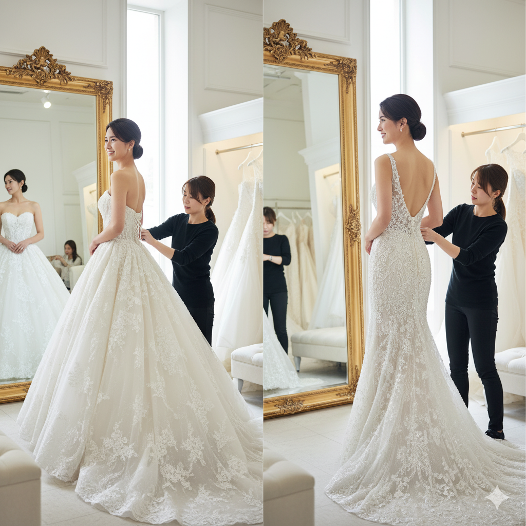 プリンセスラインとマーメイドラインのドレスを試着する高身長の花嫁の写真イメージ
