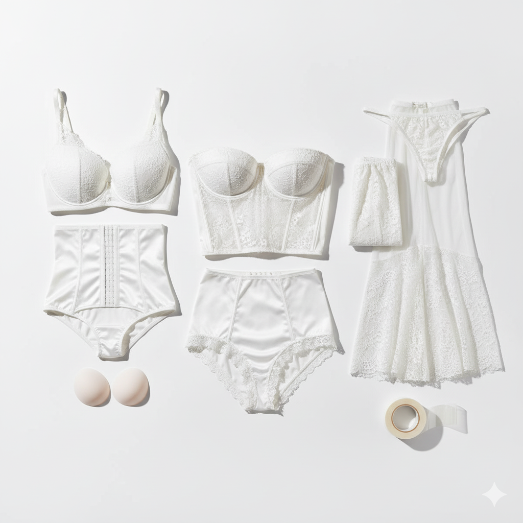 主要なブライダルインナー一式を並べたフラットレイの写真イメージ