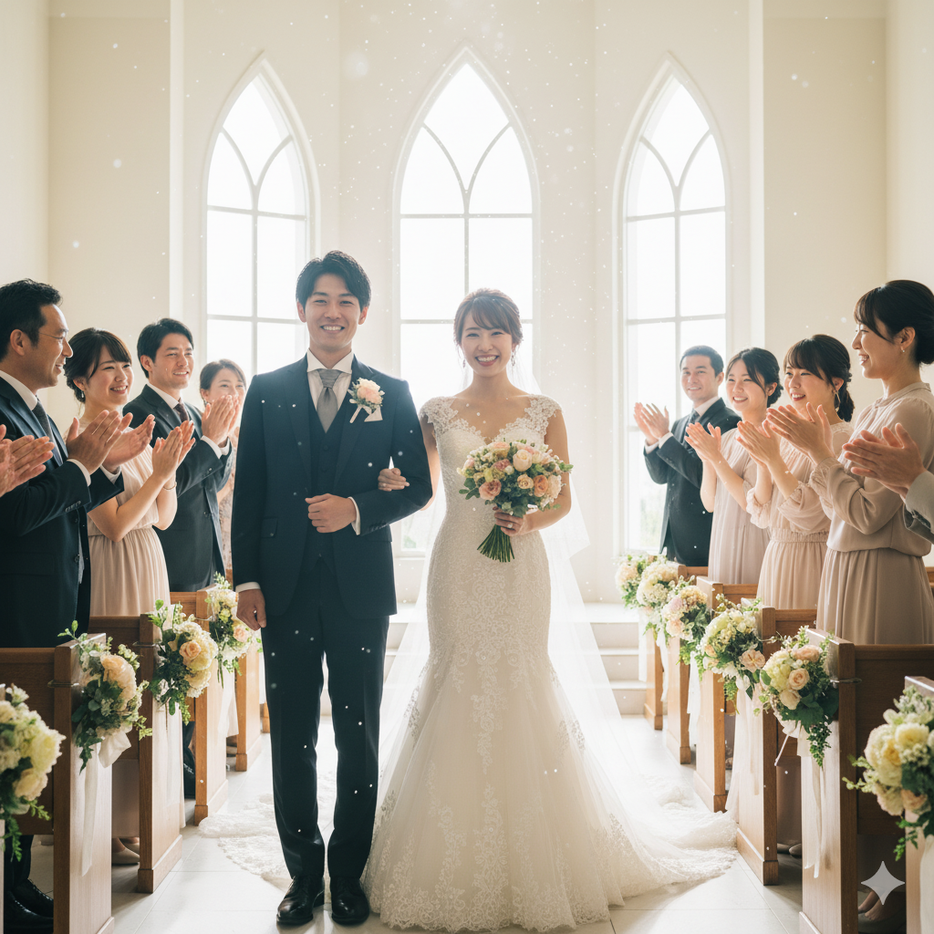 結婚式当日に笑顔でゲストに囲まれる花嫁