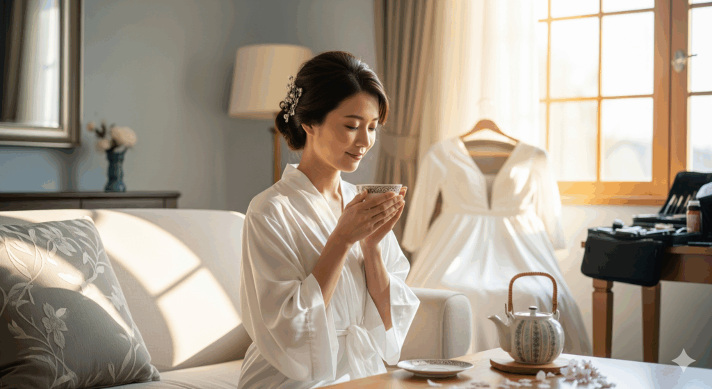 ブライダルで痩せるために頑張る花嫁が、紅茶を飲みながらリラックスしてストレスを解消している様子

