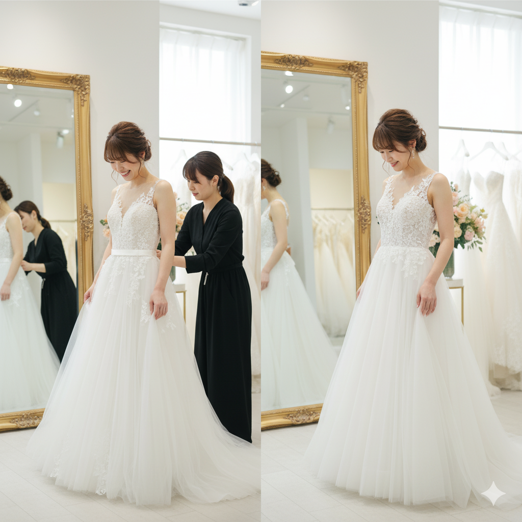 エンパイアラインとAラインのドレスを試着する小柄な花嫁の写真イメージ
