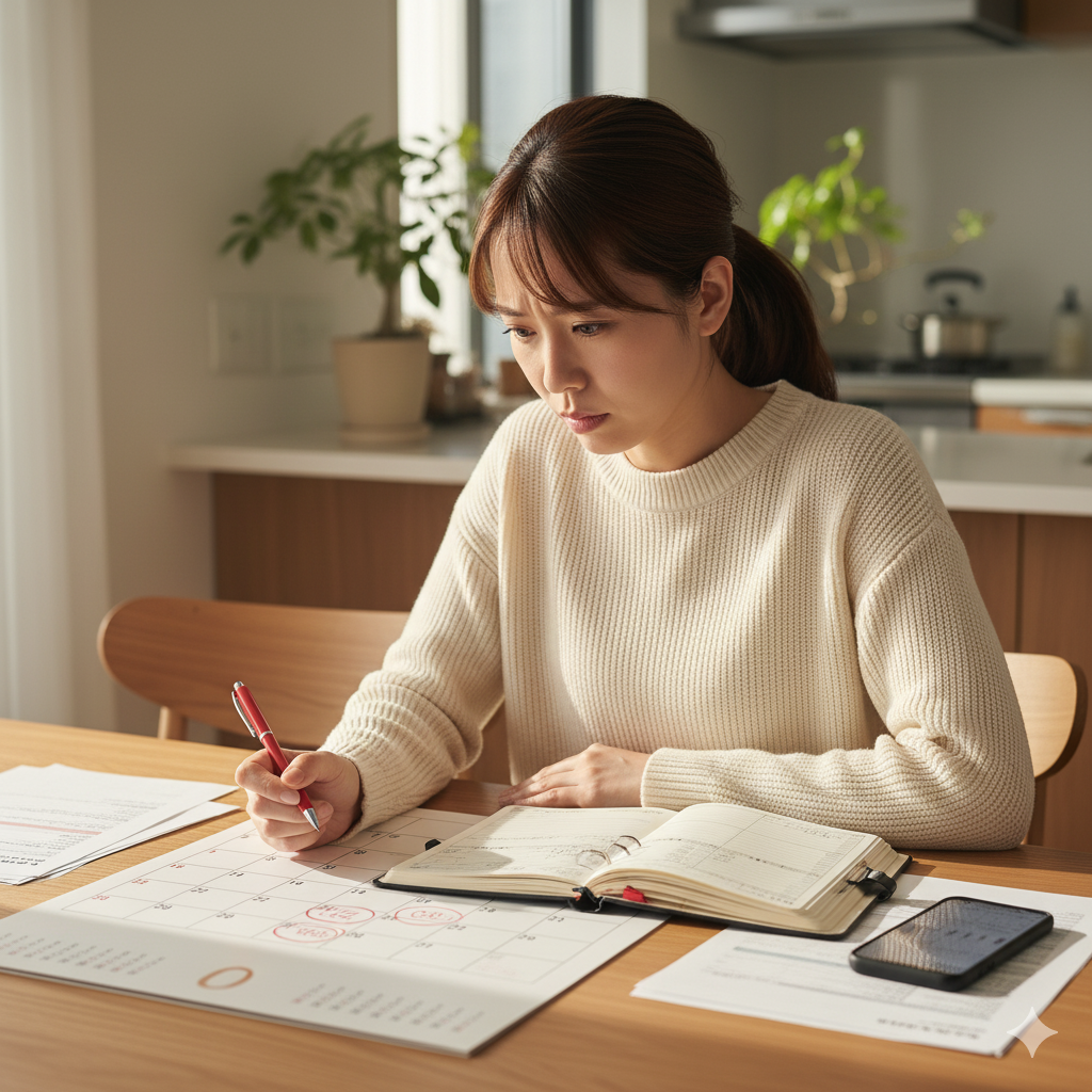 カレンダーを前に両家顔合わせの日程調整に悩む花嫁の様子
