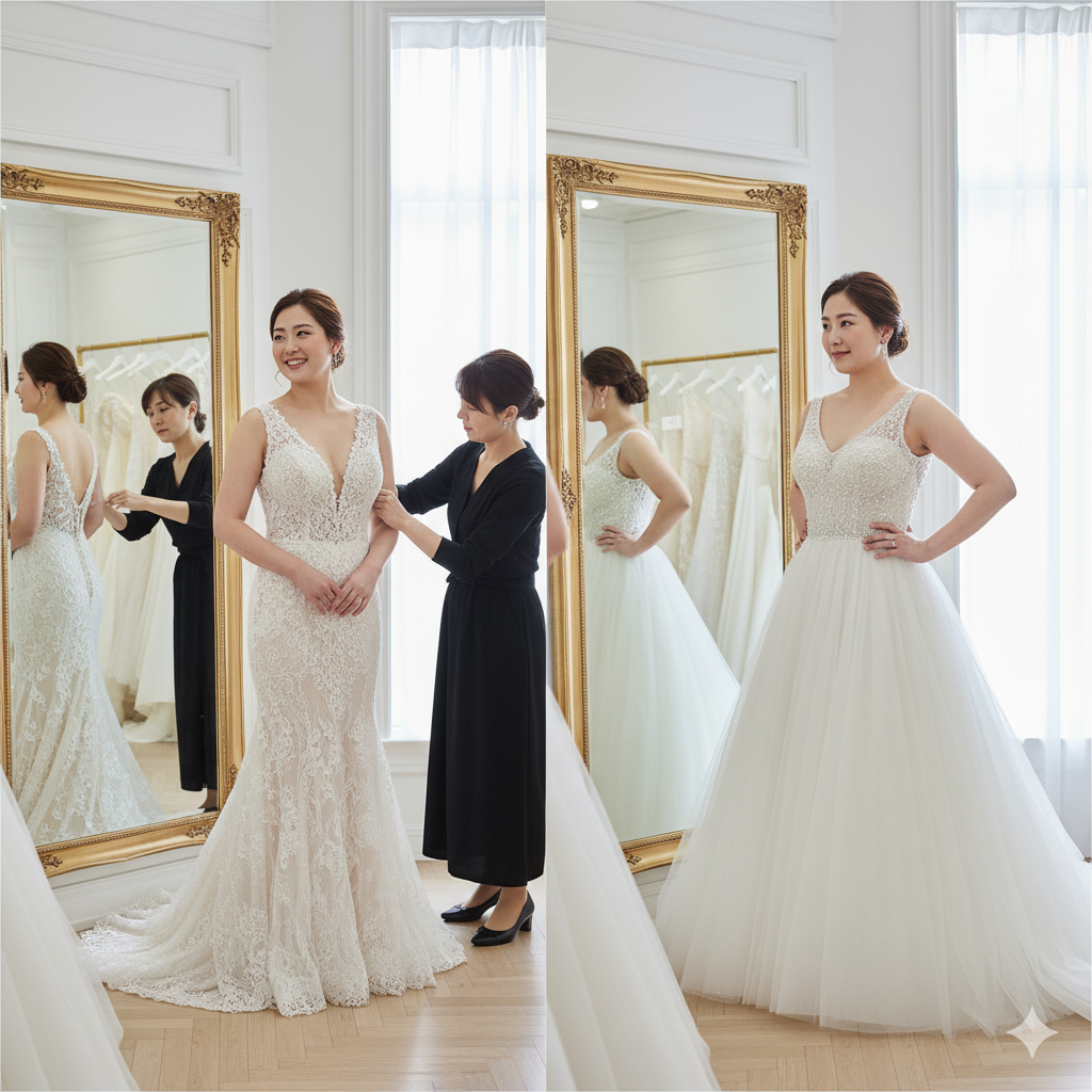 マーメイドラインとAラインのドレスを試着するグラマラス体型の花嫁の写真