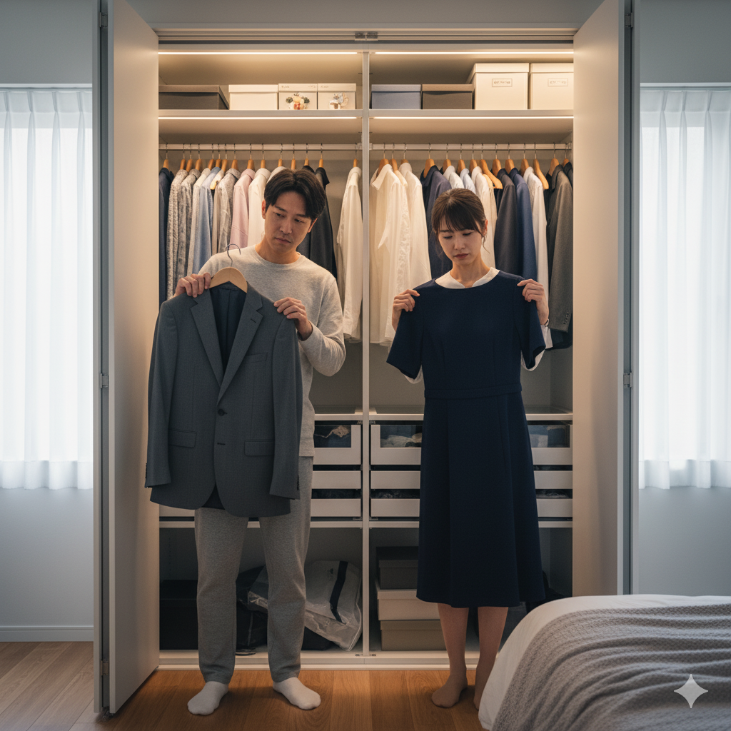 両家顔合わせに向けて服装を選んでいるカップルの様子
