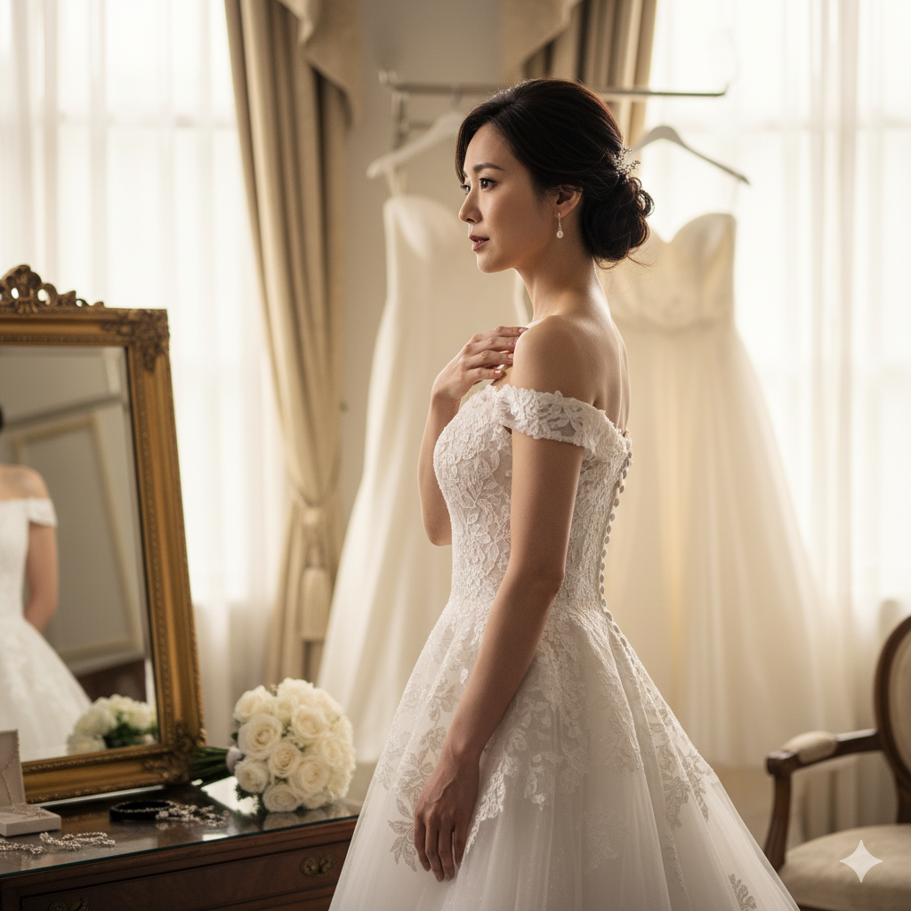 結婚式直前に姿勢を整えて二の腕をすっきり見せる花嫁
