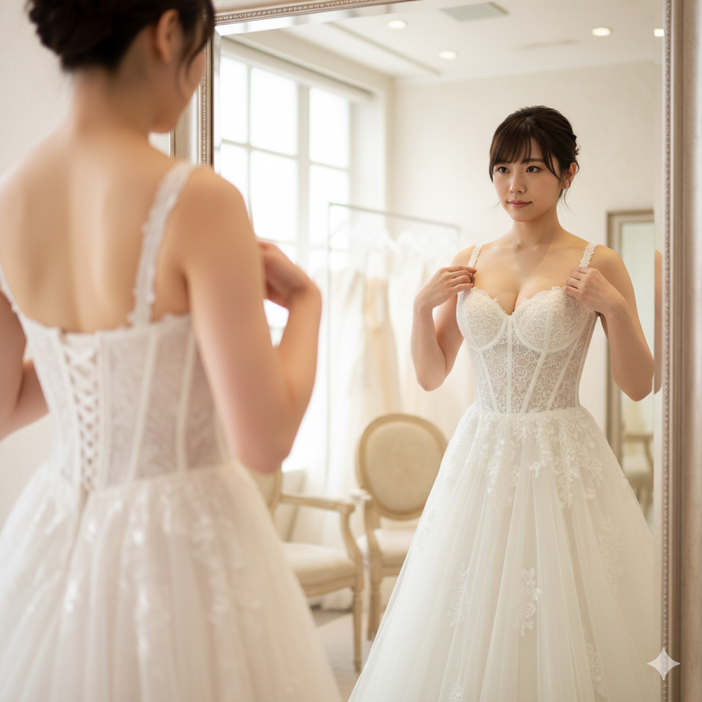 鏡の前でブライダルインナーのサイズ感をチェックする日本人花嫁の写真イメージ