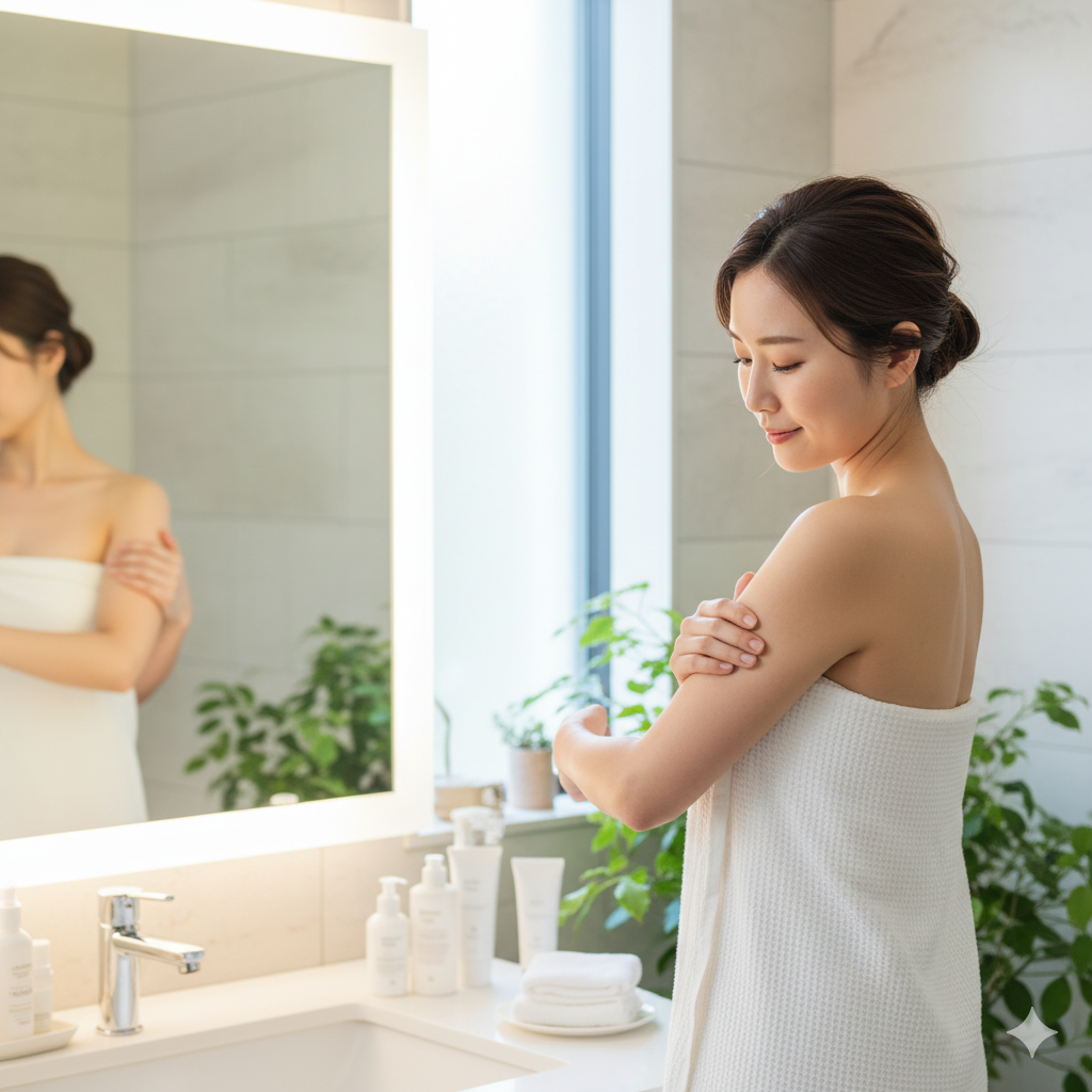 結婚式1か月前に二の腕のリンパマッサージを行う花嫁
