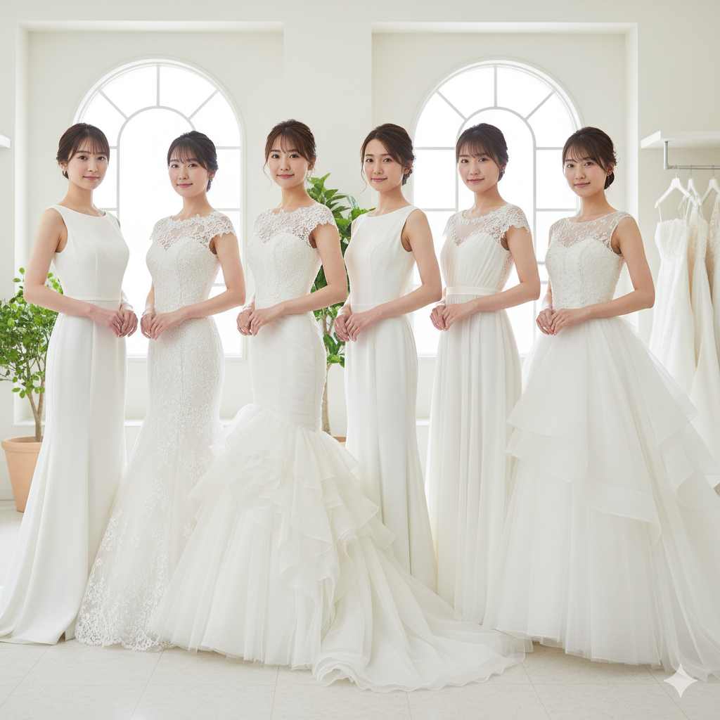 ウェディングドレスの代表的な6種類のラインを着た日本人女性の比較イメージ（Aライン、プリンセスライン、マーメイドライン、スレンダーライン、エンパイアライン、ベルライン）
