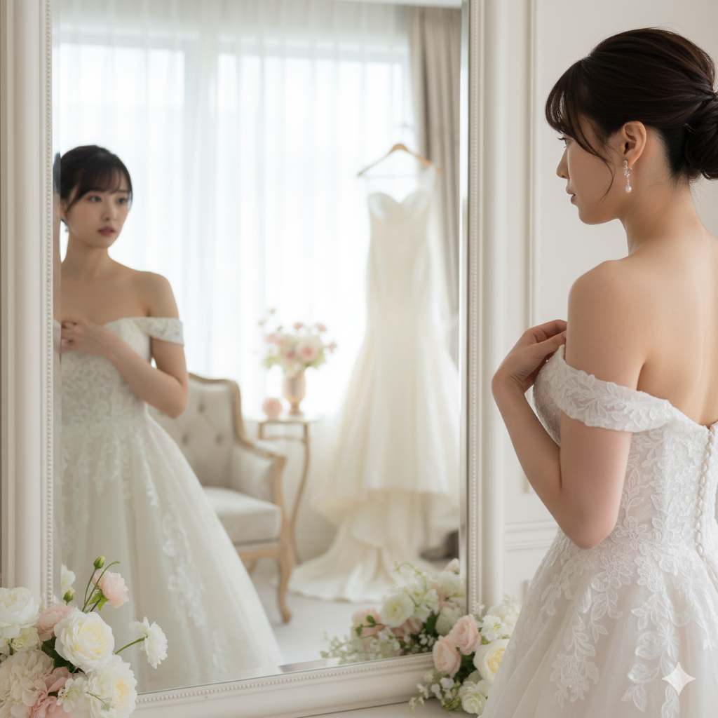 結婚式前に二の腕を気にする花嫁が鏡でドレス姿を確認している様子

