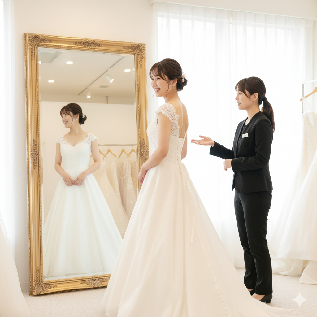 ウェディングドレスを試着し、鏡の前で全身を確認する日本人女性とスタッフの様子
