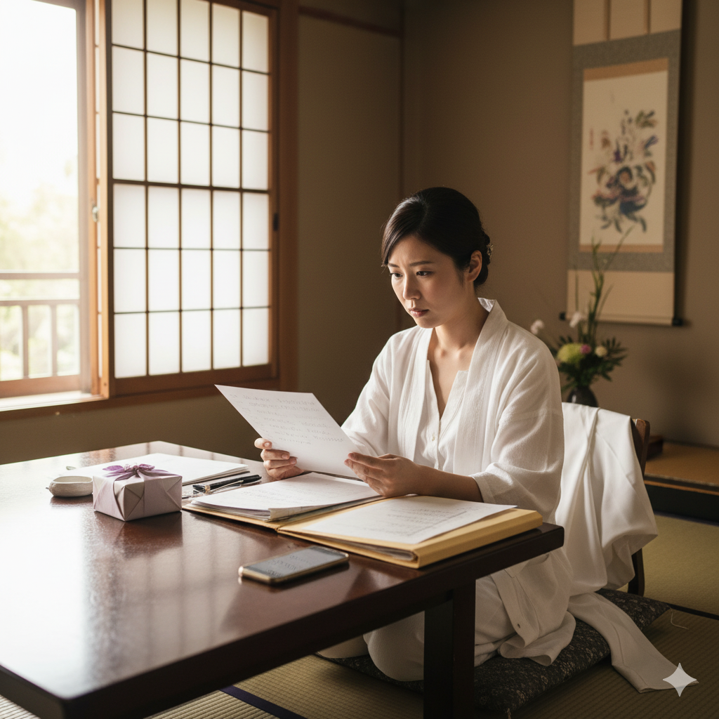 顔合わせ前に花嫁が手土産や書類を準備している様子