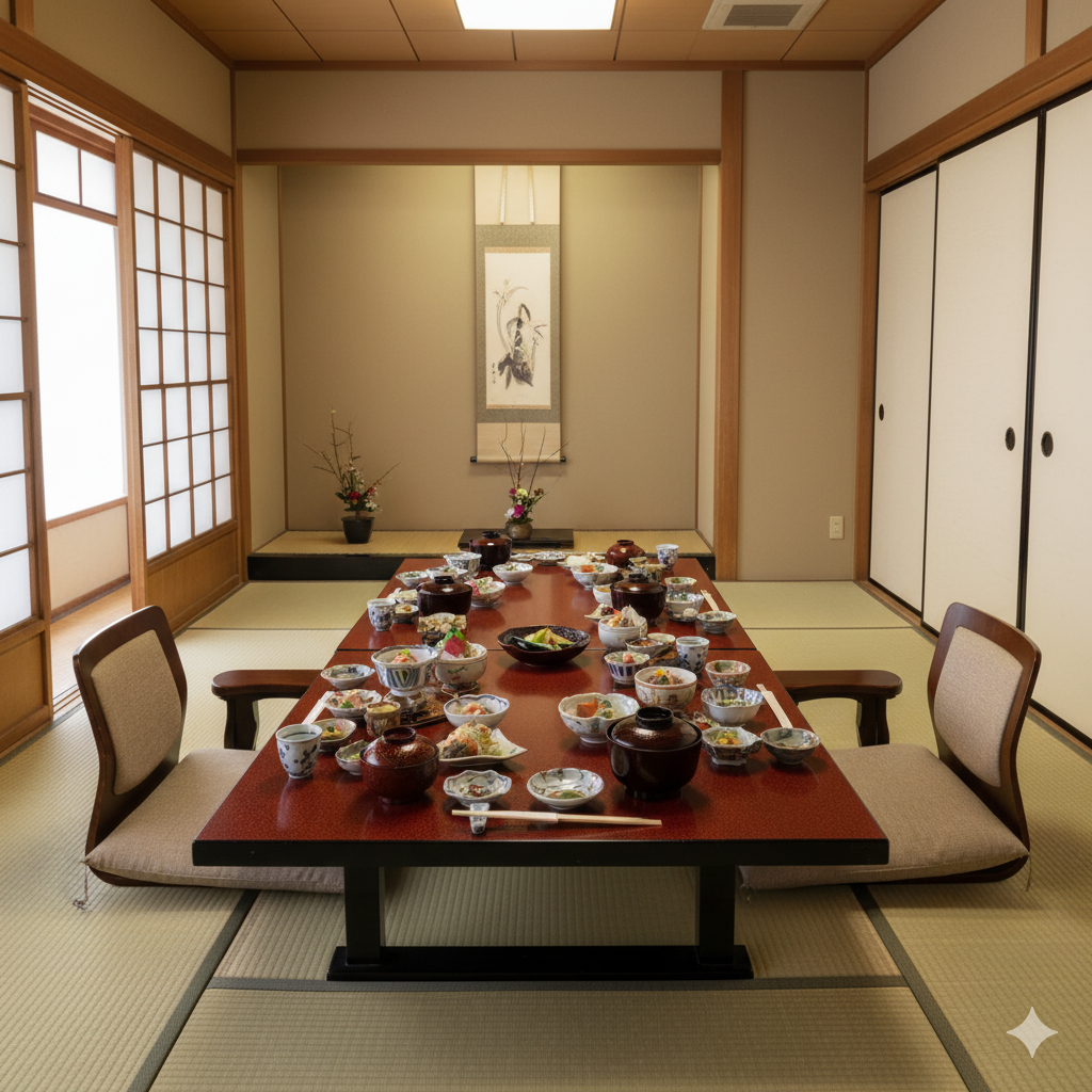 両家顔合わせの会場にふさわしい、落ち着いた雰囲気の料亭個室のイメージ
