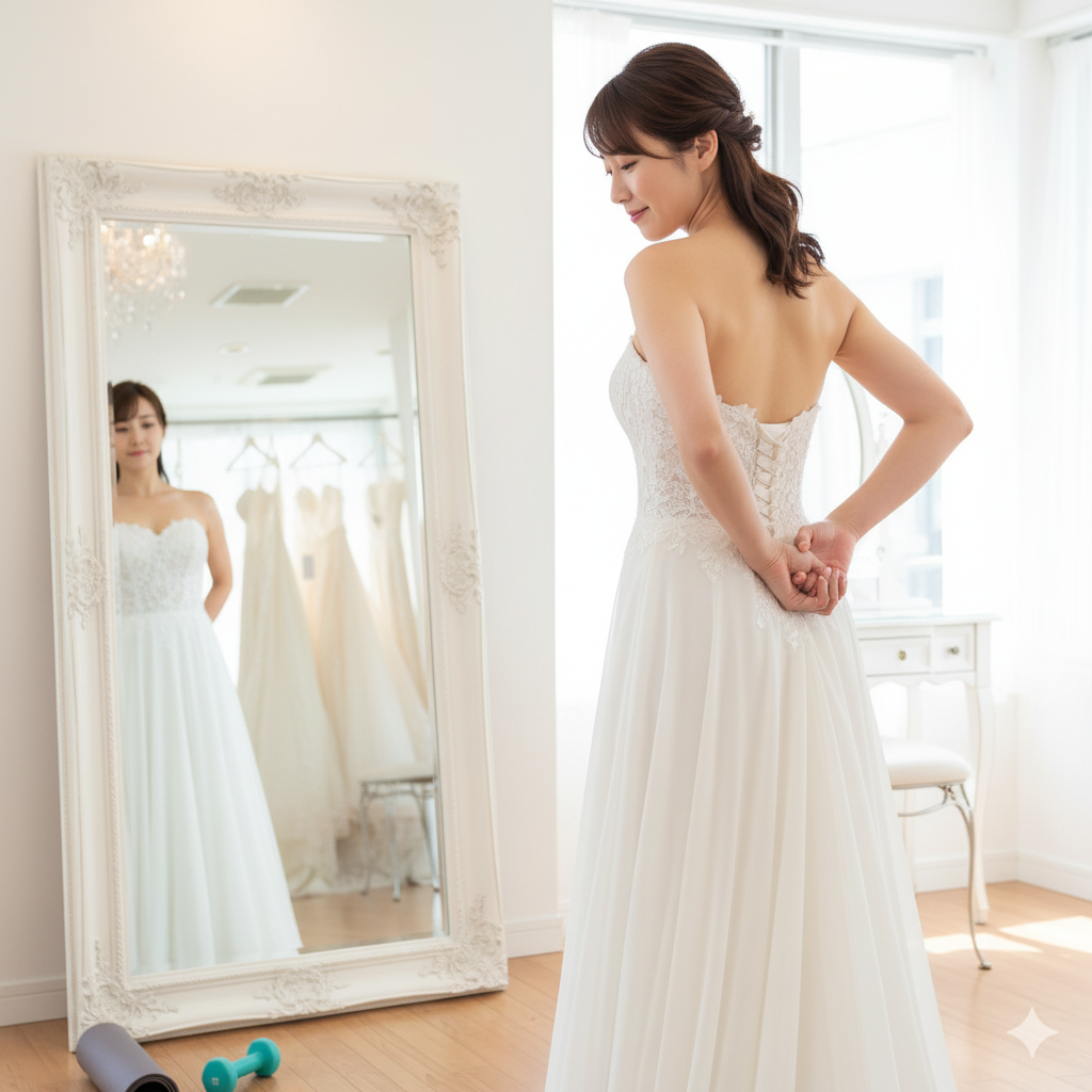 結婚式のダイエットに 間に合わないと悩む花嫁が、肩甲骨を寄せるストレッチで背中のラインを整えている様子