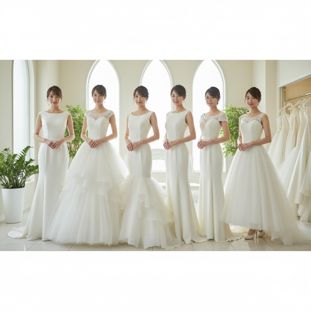 ウェディングドレスの代表的な6種類の形（Aライン、プリンセスライン、マーメイドライン、スレンダーライン、エンパイアライン、ベルライン）の比較図
