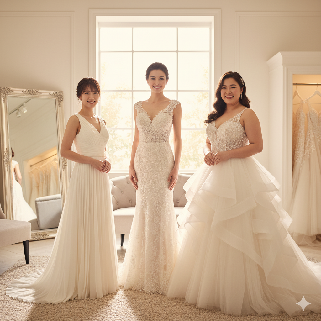 体型の異なる3人の花嫁が、それぞれ違うデザインのウェディングドレスを試着している写真風イメージ