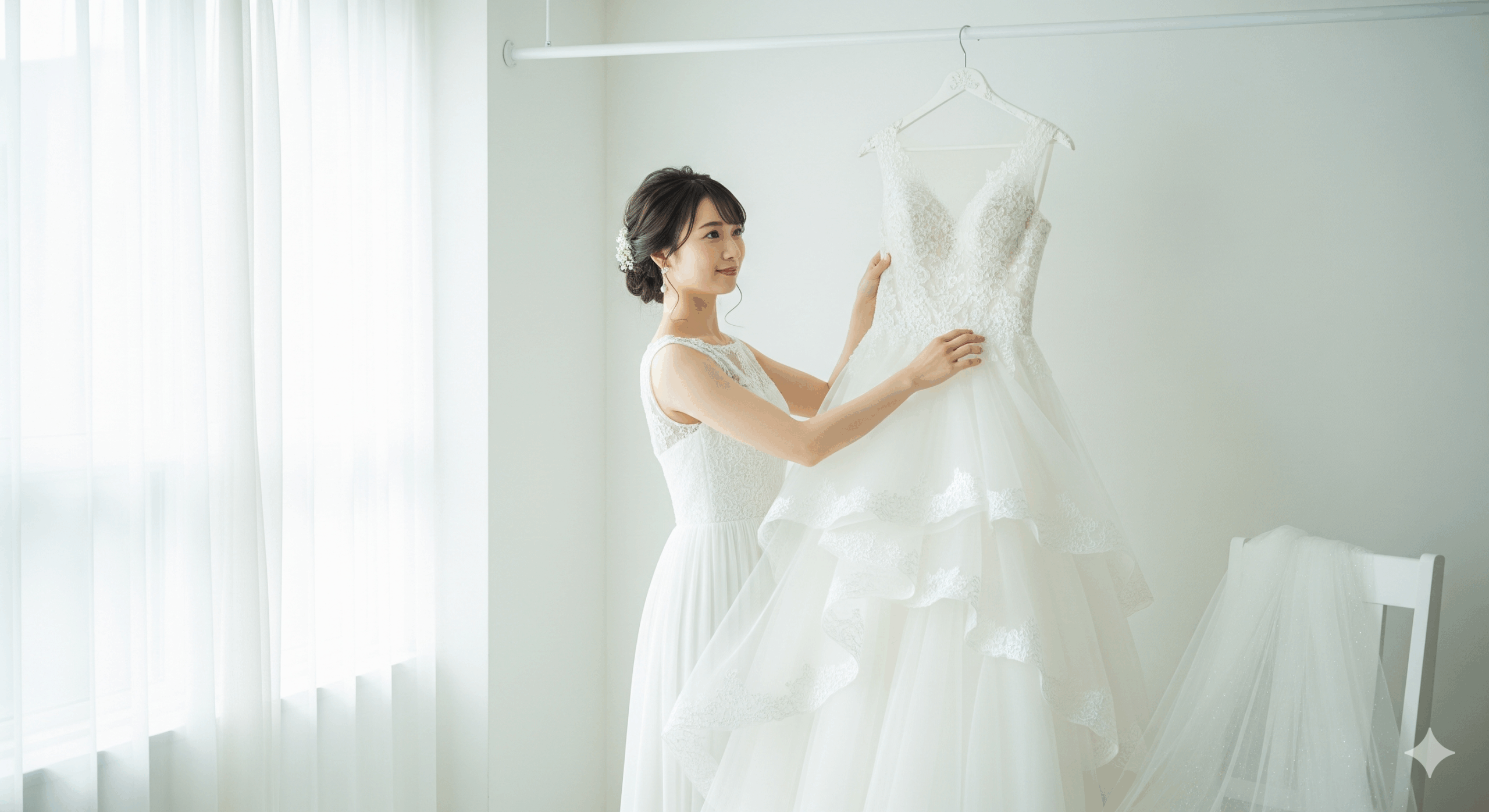 結婚式まで1ヶ月の花嫁が前向きにドレス準備をする姿。結婚 式 まで 1 ヶ月 ダイエットに励む花嫁のポジティブな雰囲気を表現した写真。