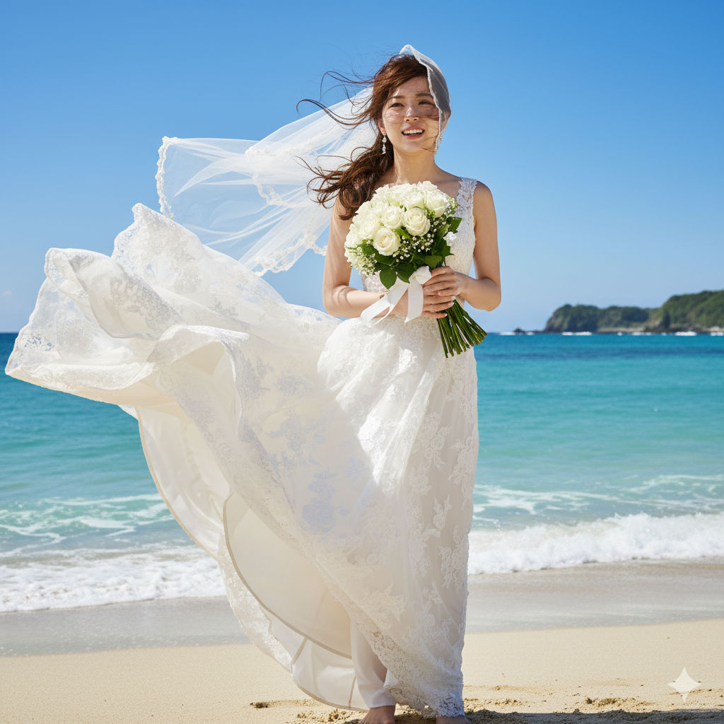 フォトウェディングで強風に煽られて髪とベールが乱れる海辺の花嫁。ロケーションで失敗している様子。