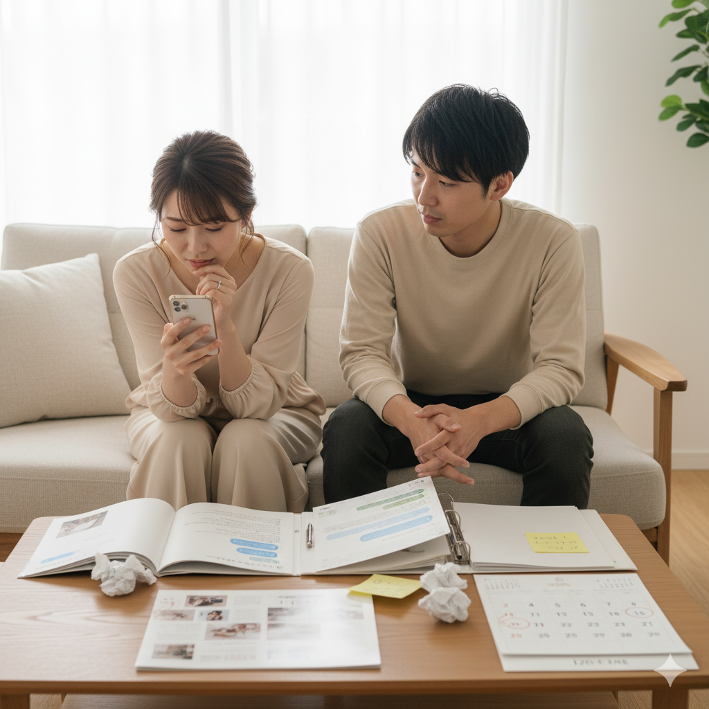 義両親との連絡に疲れた花嫁がスマートフォンを見つめ、ため息をつく様子。