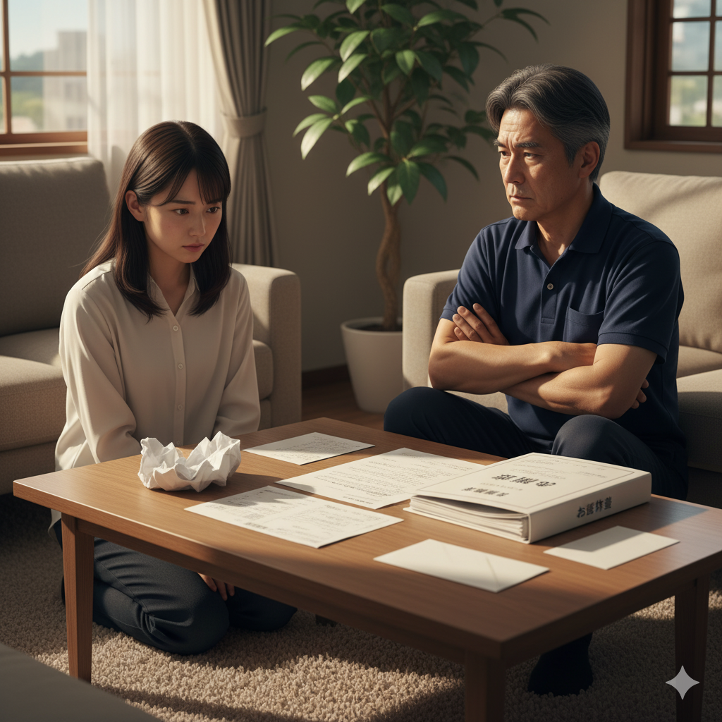 結婚式の費用をめぐって父親と話し合う日本人花嫁のリアルな写真風イメージ