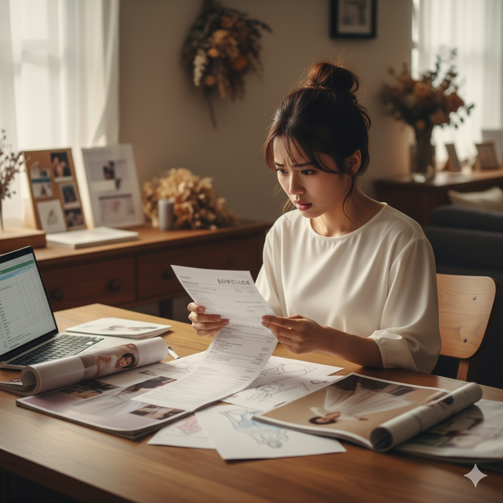 結婚式の請求書を手に、予想外の金額に驚いている日本人女性の花嫁。
テーブルの上にはドレス写真や資料が広がり、不安げな表情を浮かべている。
