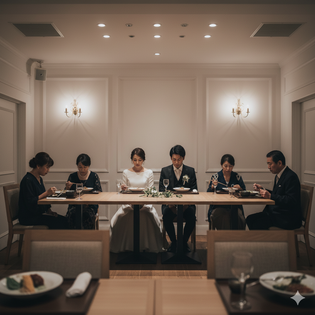 親族だけの結婚式で静かに食事をする家族たちと、穏やかに微笑む新郎新婦の様子
