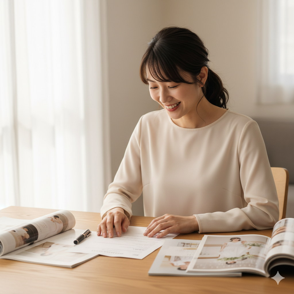 フォトウェディングの契約内容を確認して安心する花嫁の姿