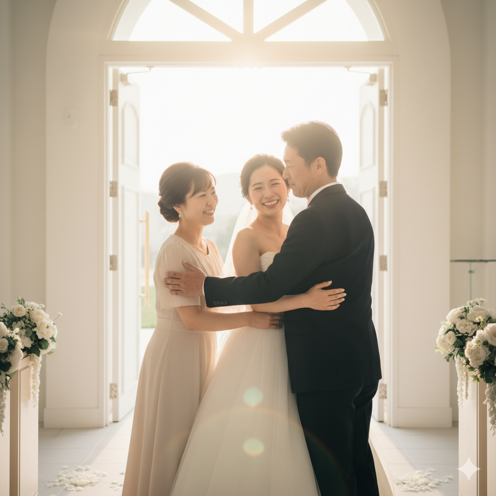 結婚式後に両親と抱き合い笑顔を見せる日本人花嫁のリアルな写真イメージ