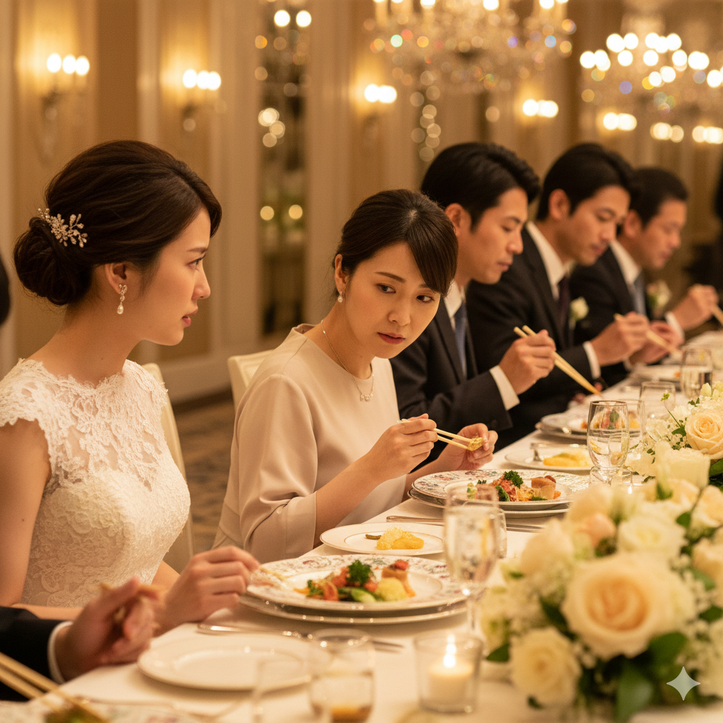 披露宴で花嫁が心配そうにゲスト席を見つめている。アレルギー食材を避けたい女性ゲストが料理を前に戸惑う様子が印象的な一枚。