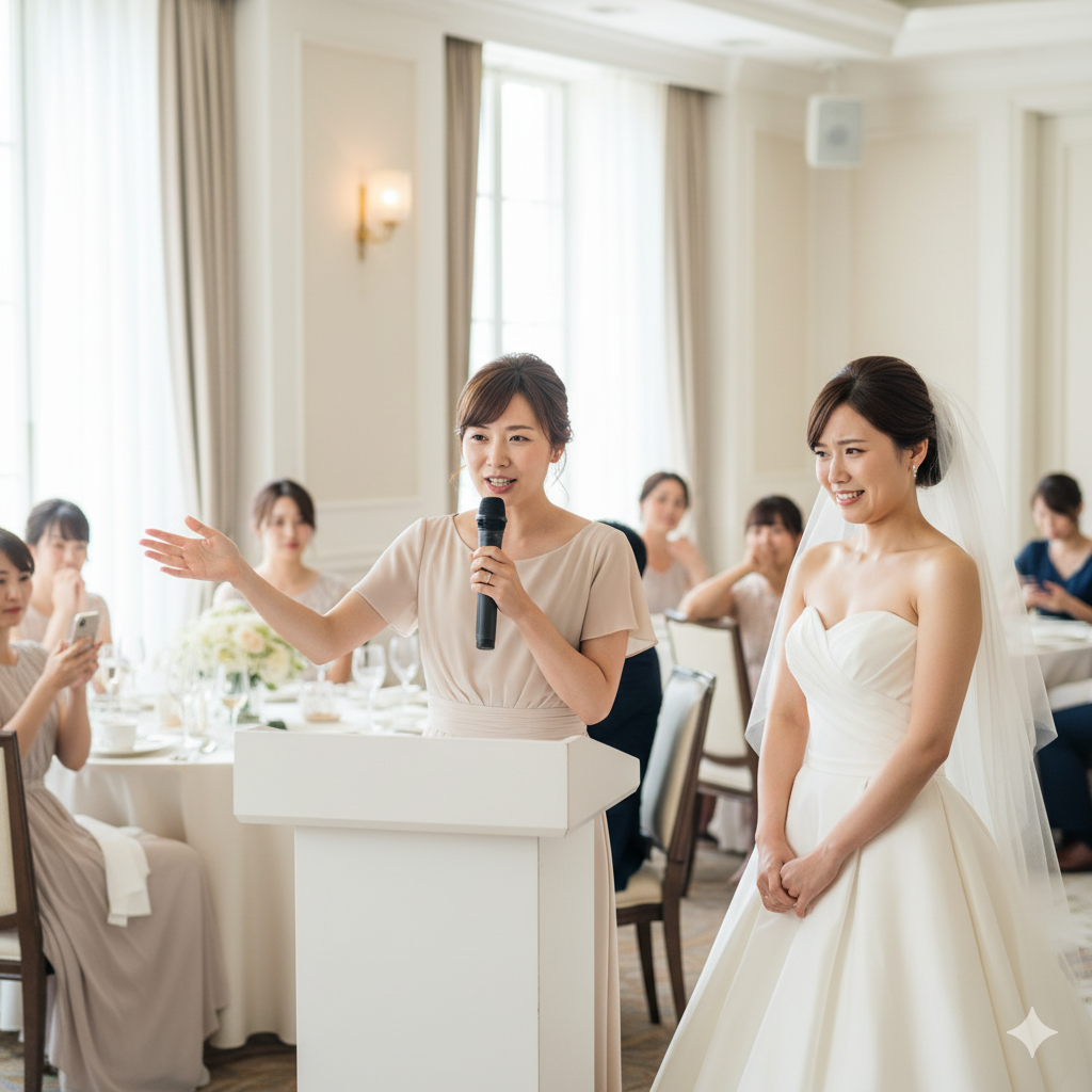 結婚式の披露宴で友人のスピーチが長引き、花嫁やゲストが気まずそうにしている場面。
