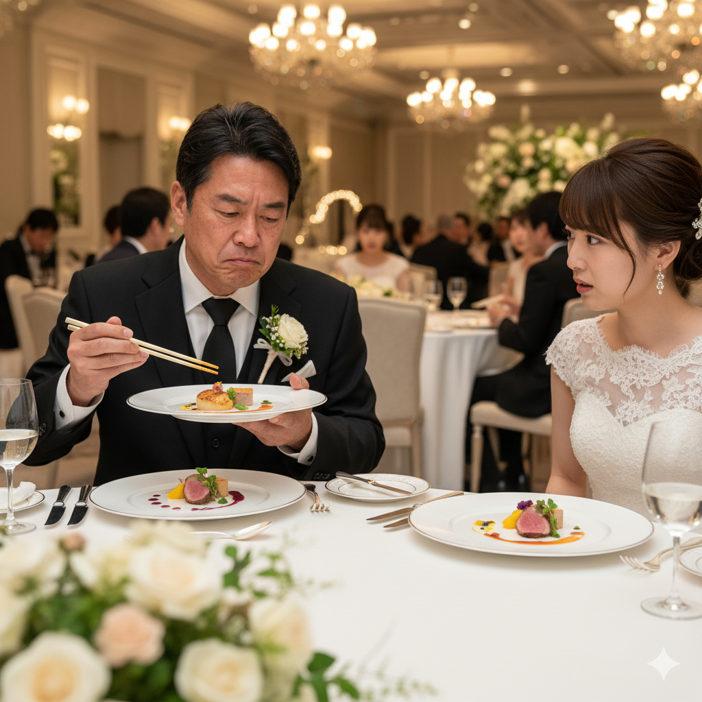 披露宴のテーブルで、上品に盛られた少量のフレンチ料理を前に、男性ゲストが少し物足りなそうにしている様子。花嫁が心配そうにその様子を見つめている。