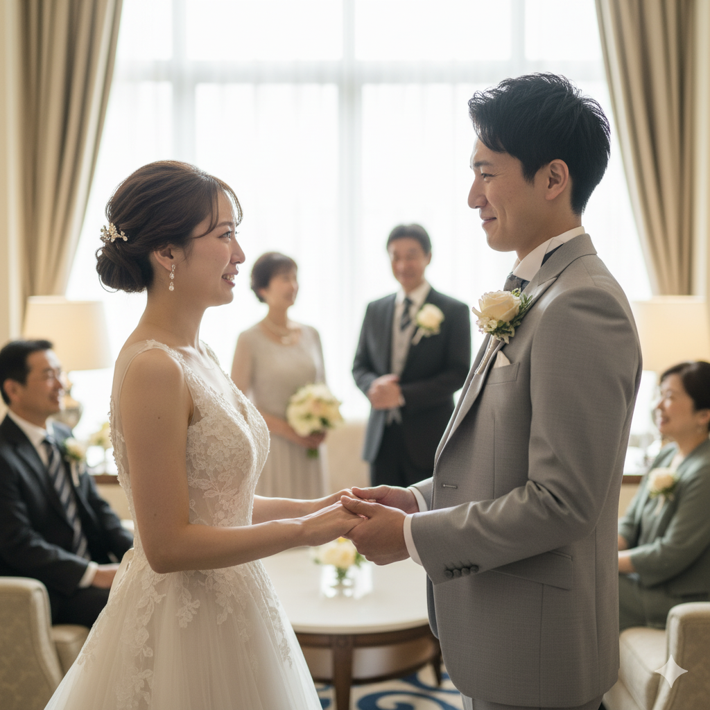 結婚式後、両家のわだかまりが解けた雰囲気の中で微笑み合う新郎新婦。安心と希望に満ちたワンシーン。