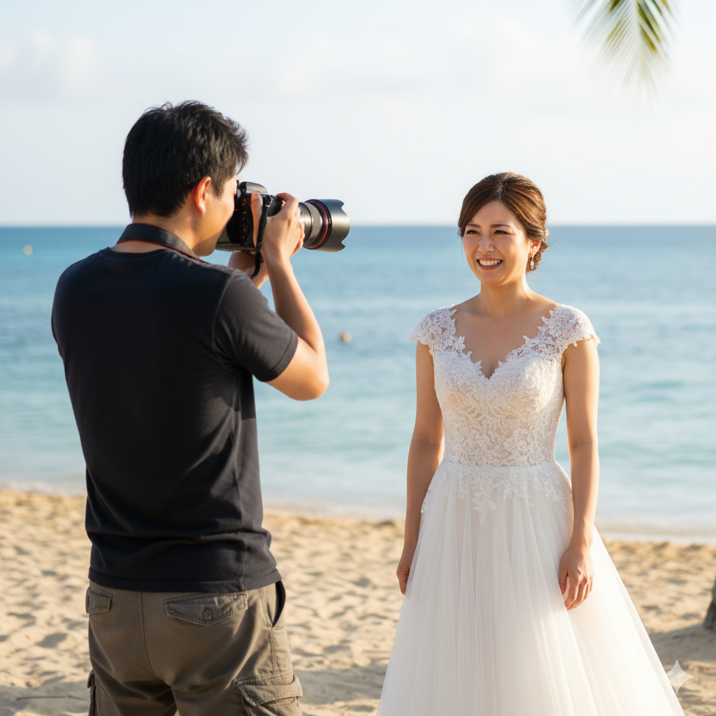フォトウェディングでの撮影中に引きつった笑顔を見せる花嫁と無表情なカメラマン。カメラマンでの失敗をしている様子。