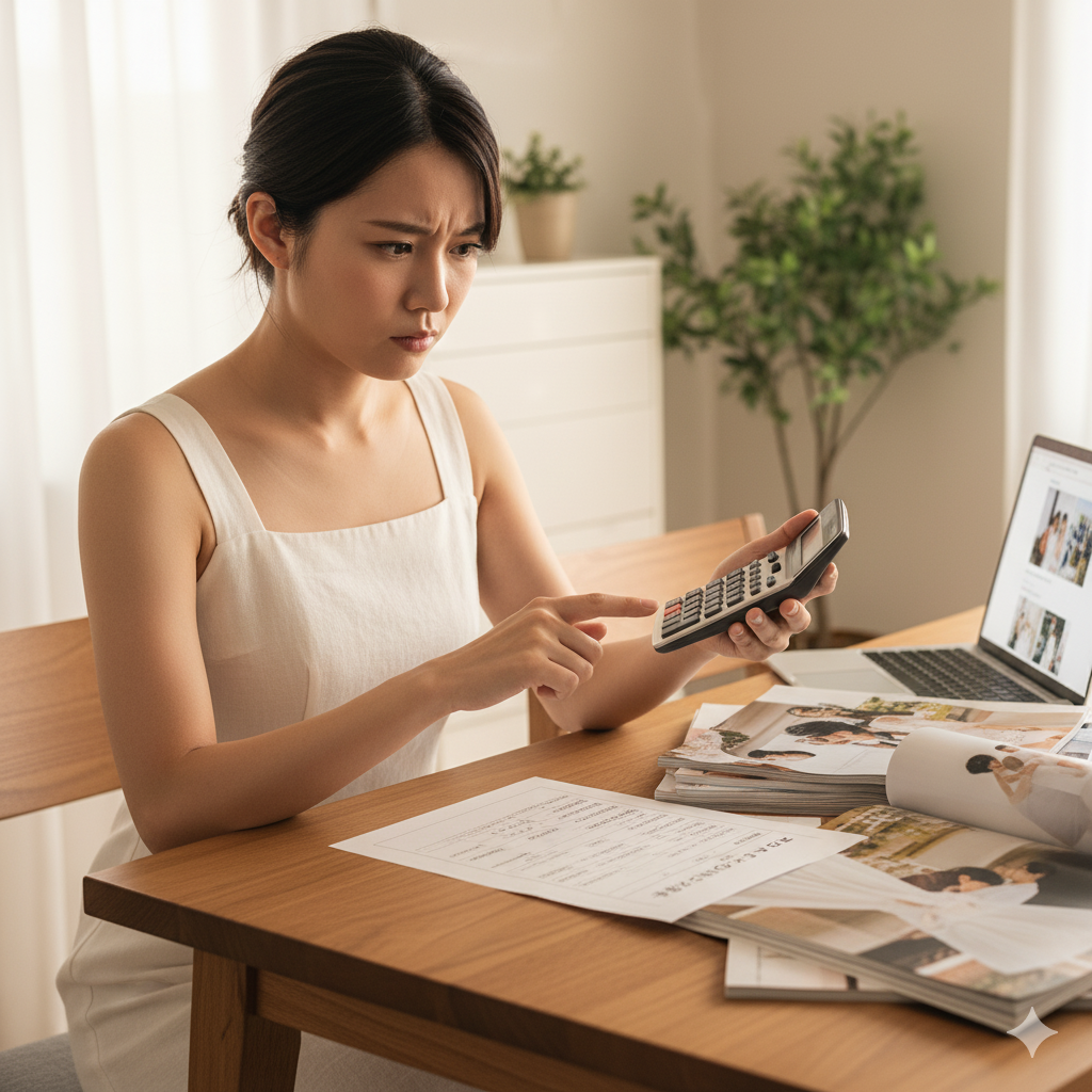 フォトウェディングの見積書を見て費用に悩む花嫁の姿