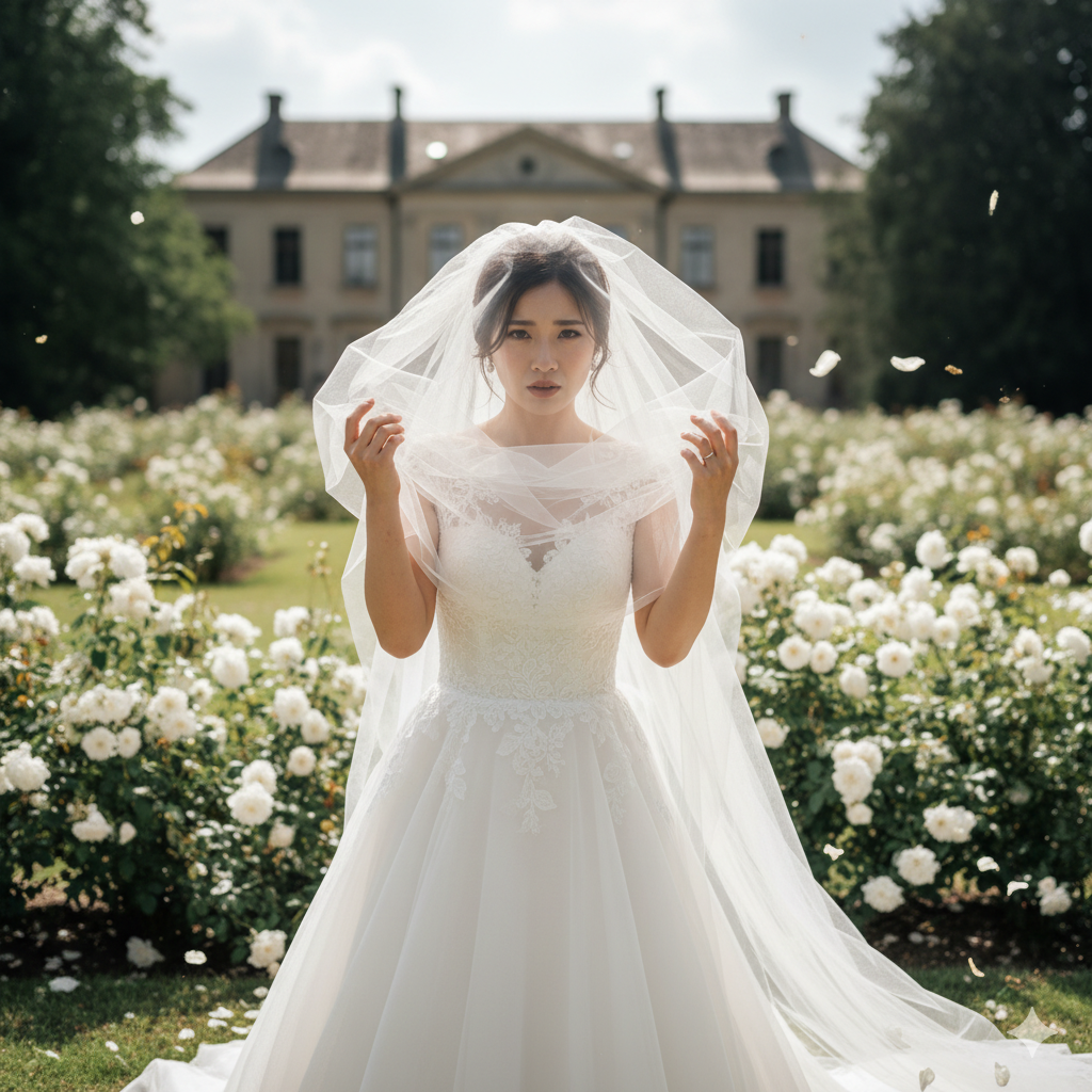 前撮り撮影中に風でベールが乱れ、困った表情を浮かべる日本人花嫁の写真