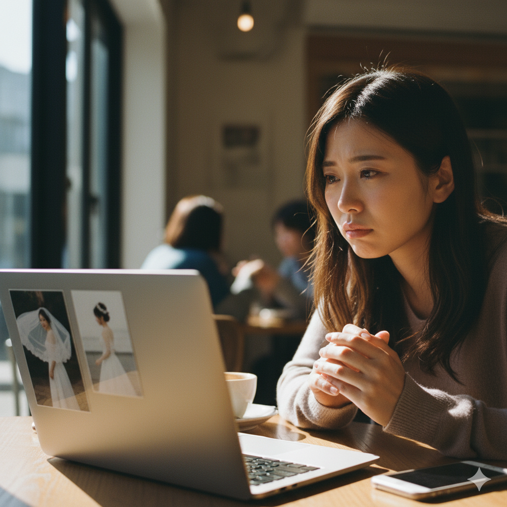 前撮りの写真データを確認し、仕上がりにショックを受けている日本人花嫁の写真