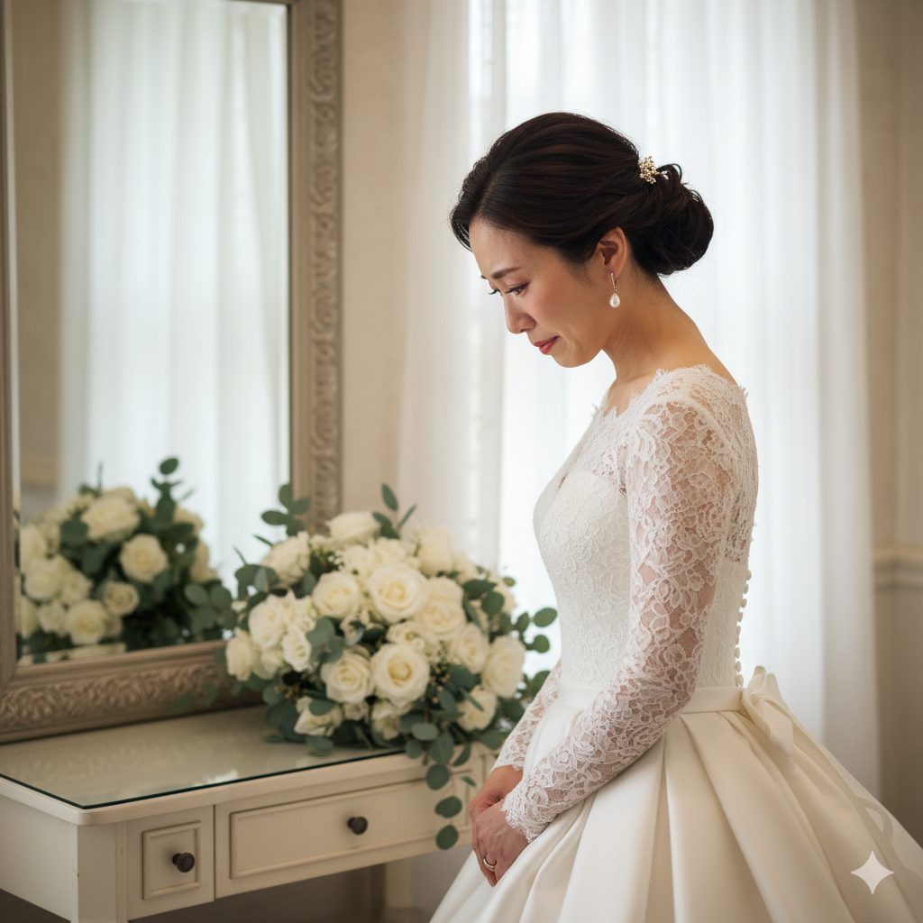 結婚式当日に親とのトラブルで涙をこらえる日本人花嫁のリアルな写真風イメージ