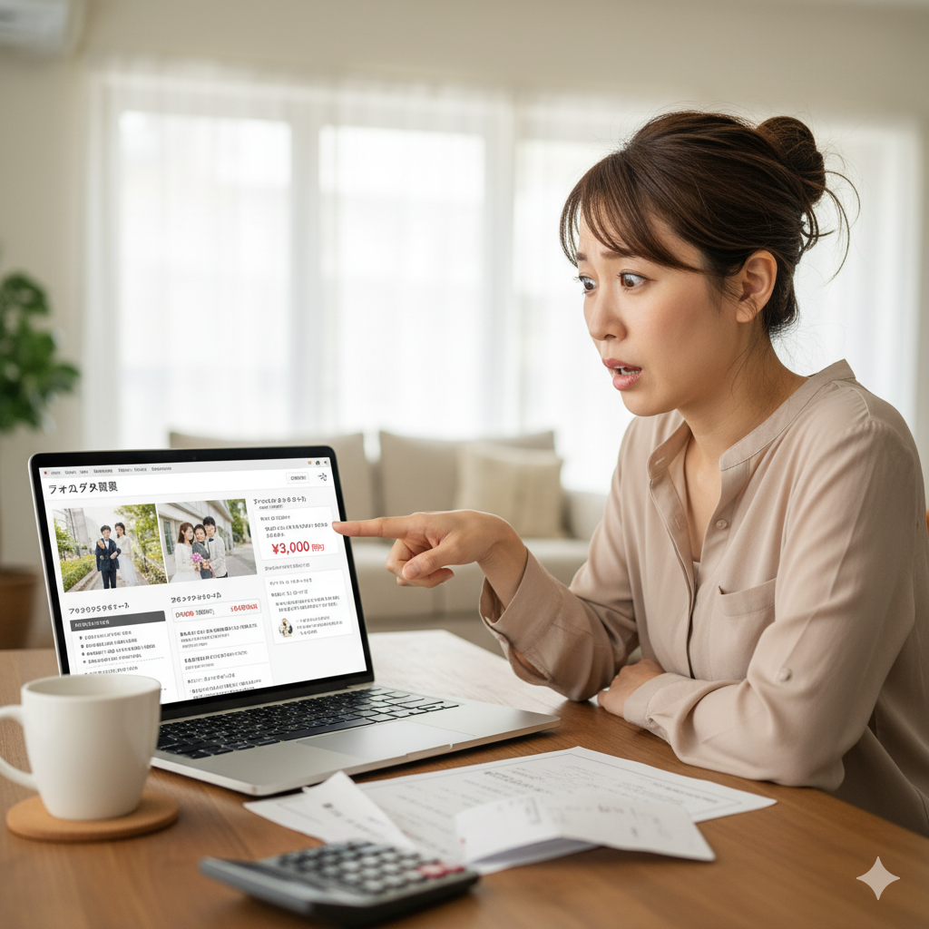 フォトウェディングのデータ購入画面を見て困惑する花嫁