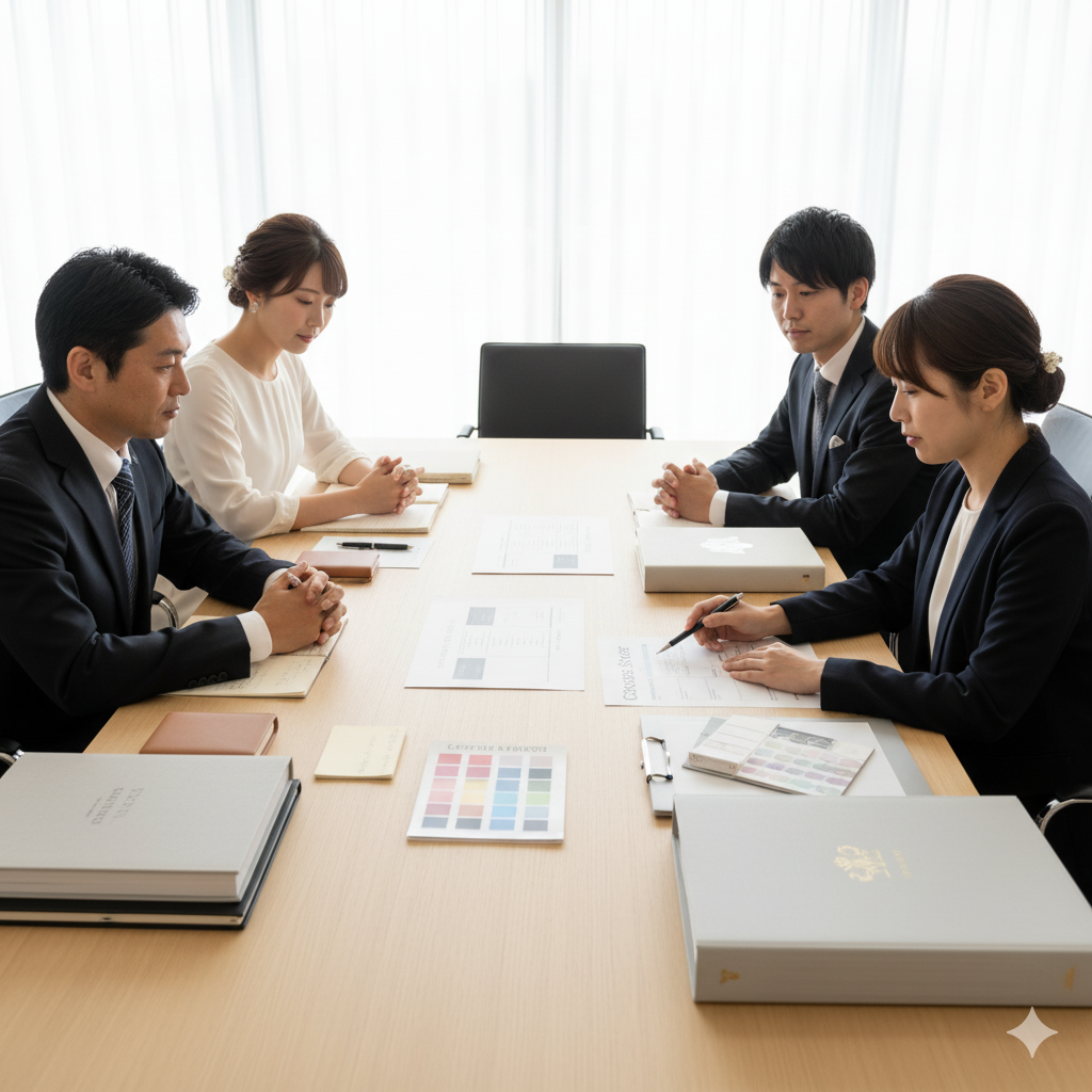プランナー同席の打ち合わせで、新郎新婦と両親が資料を見ながら合意形成を進めている様子
